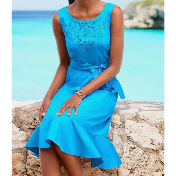 Talbots Womens 10 Turquoise Blue Embroidered Sateen Fit & Flare Mini Dress NEW - Picture 2 of 7